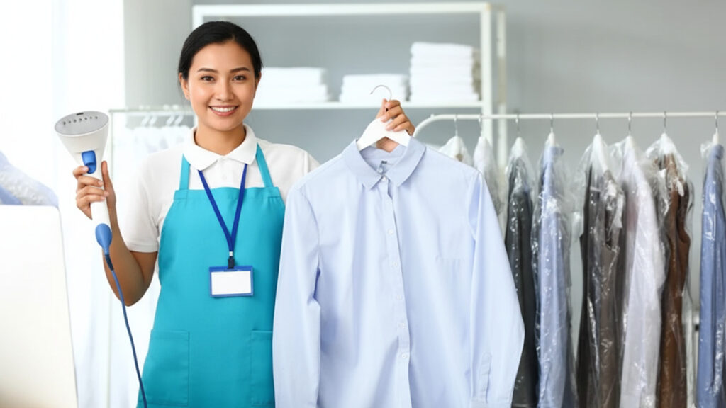 A smiling laundry worker wearing a turquoise apron holds a handheld garment steamer in one hand and a freshly cleaned light blue shirt on a hanger in the other. Behind her, neatly pressed clothes hang on a rack covered in plastic.