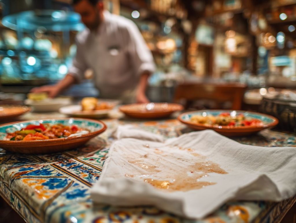Food stains on a white tablecloth at a restaurant table with blurred background and dishes around, showing a messy dining scene after a meal.