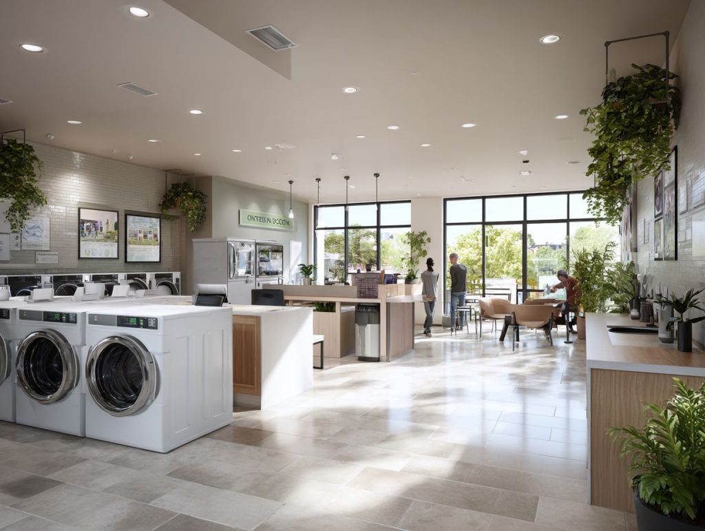two pwersons standing in a clean and airy room with washing machine