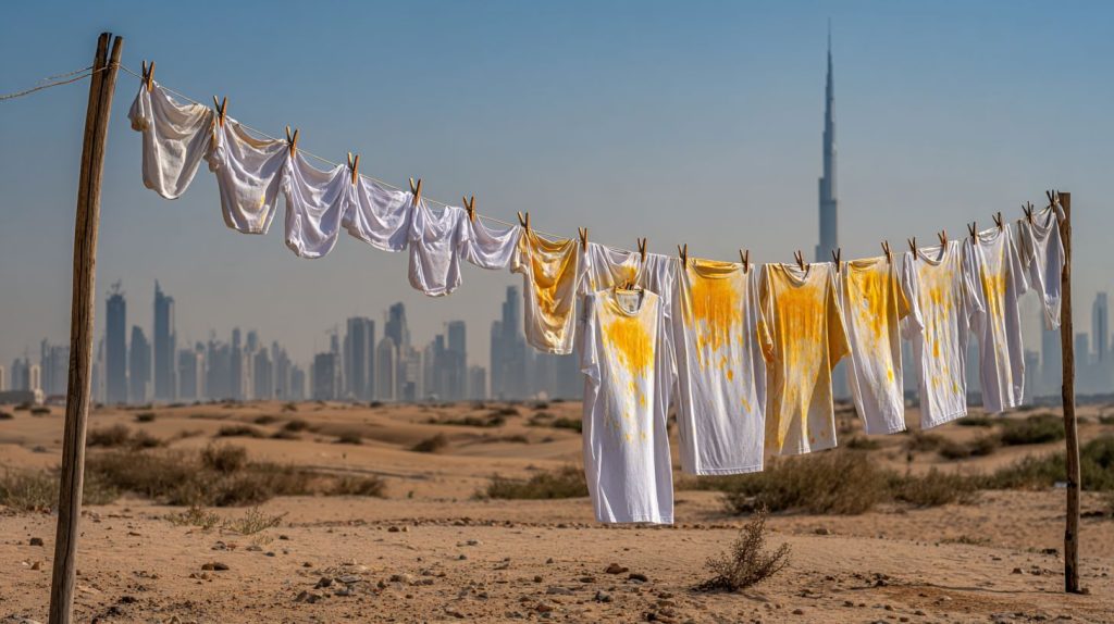 Stained clothes hanging outdoors with city skyline backdrop