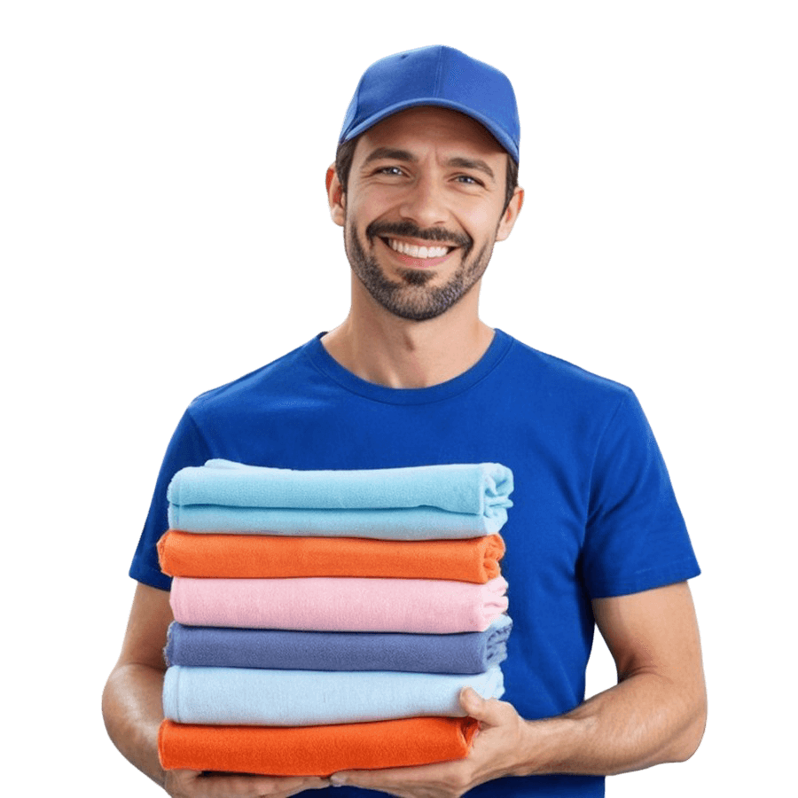 professional Laundry cleaner holding freshly cleaned cloths