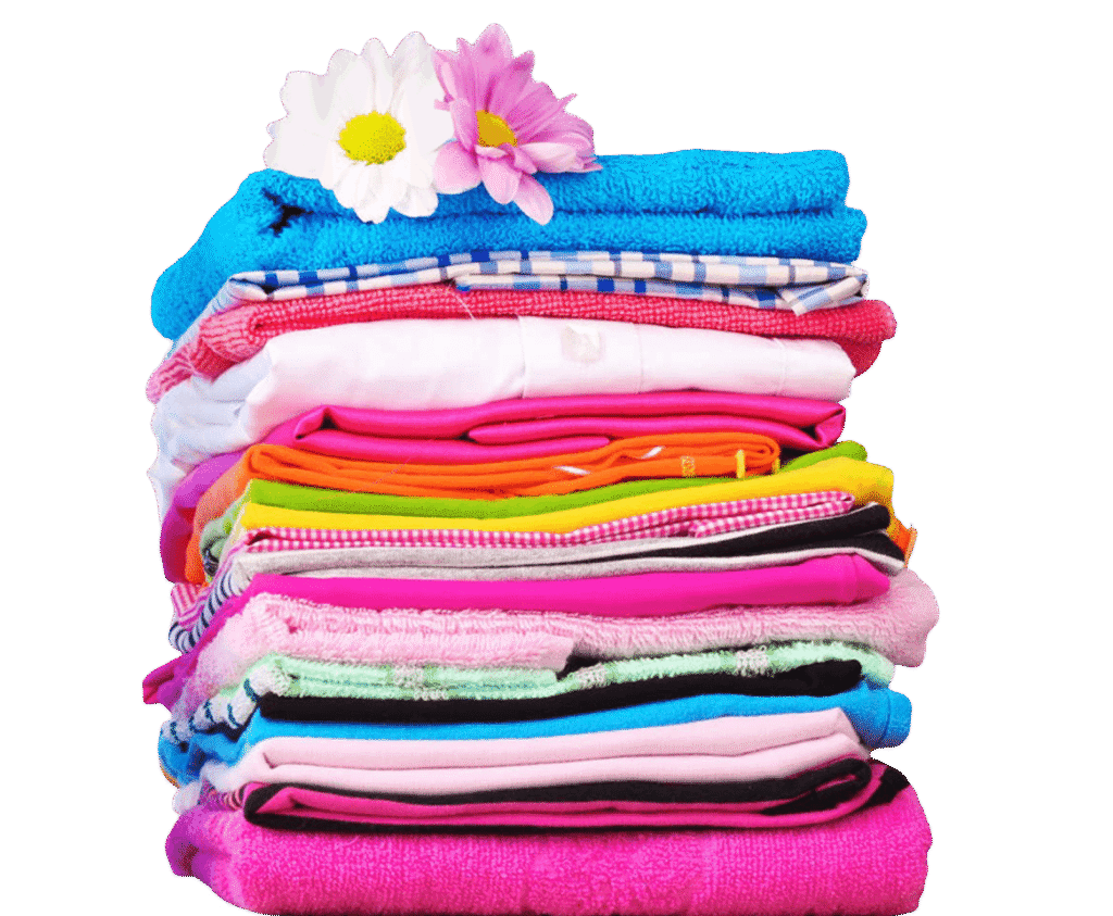 Neatly folded colorful clothes after laundry service