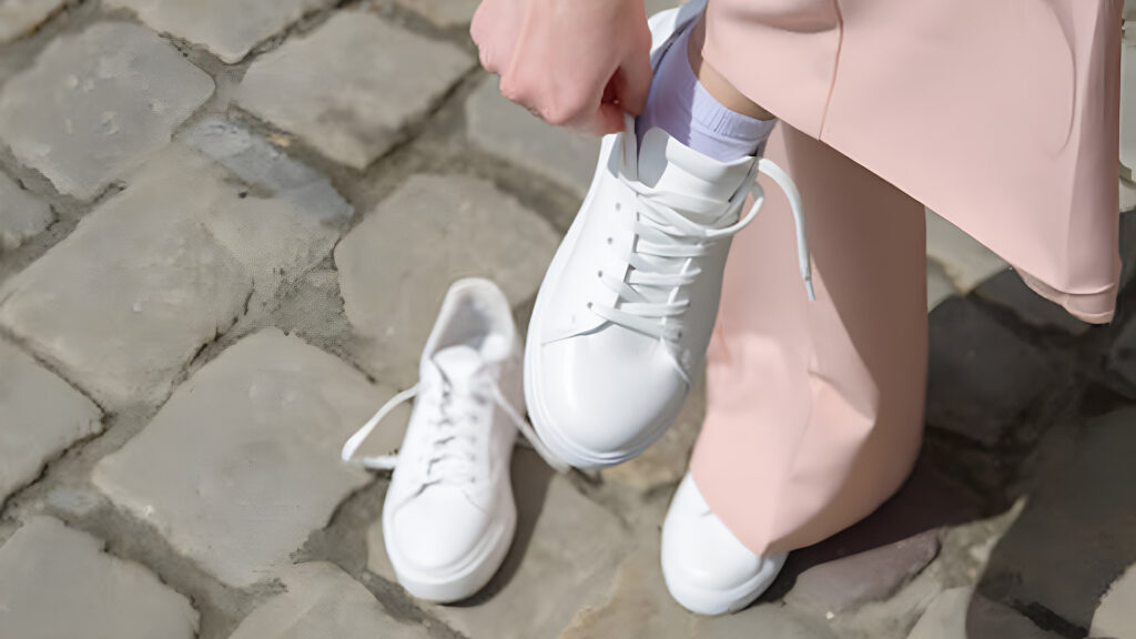 Person wearing white sneakers outdoors.