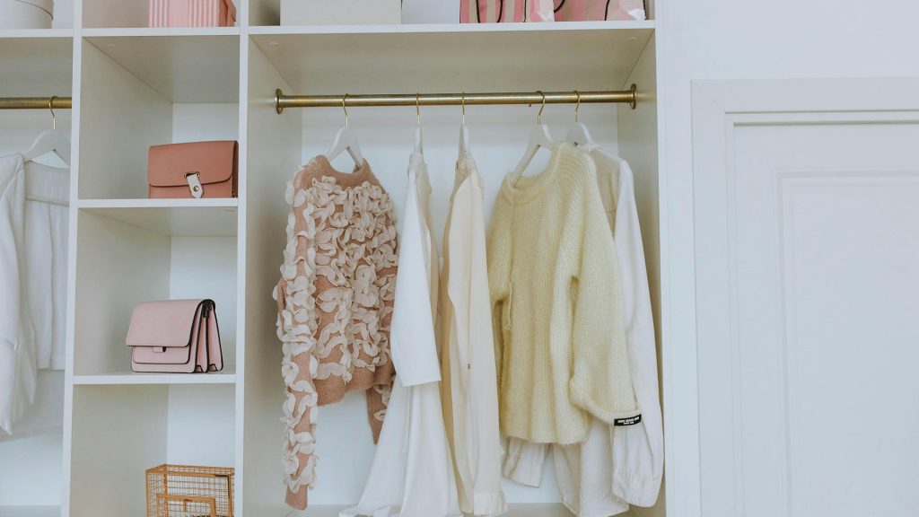 Organized wardrobe with clean clothes and cleaning service