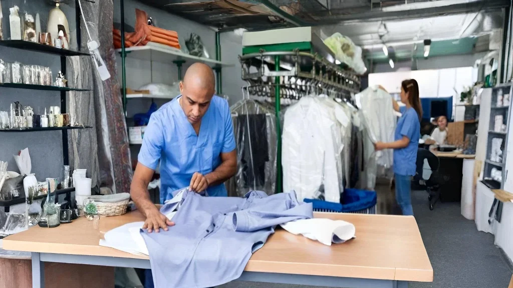 Laundry worker inspecting and pressing a light blue shirt on a worktable inside a professional dry cleaning and laundry facility.