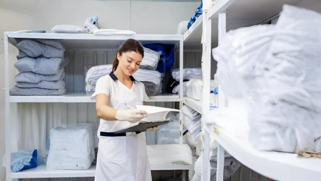 Laundry staff member checking a clipboard while standing between shelves of neatly folded linens in a professional laundry room.