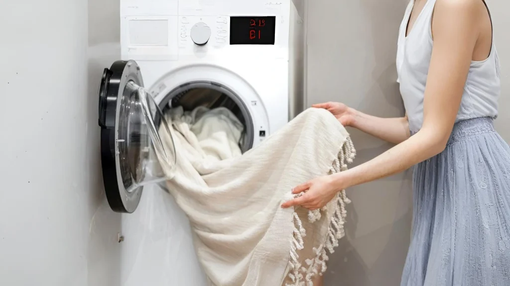 Person loading a light colored curtain into a front load washing machine for gentle home laundry cleaning.